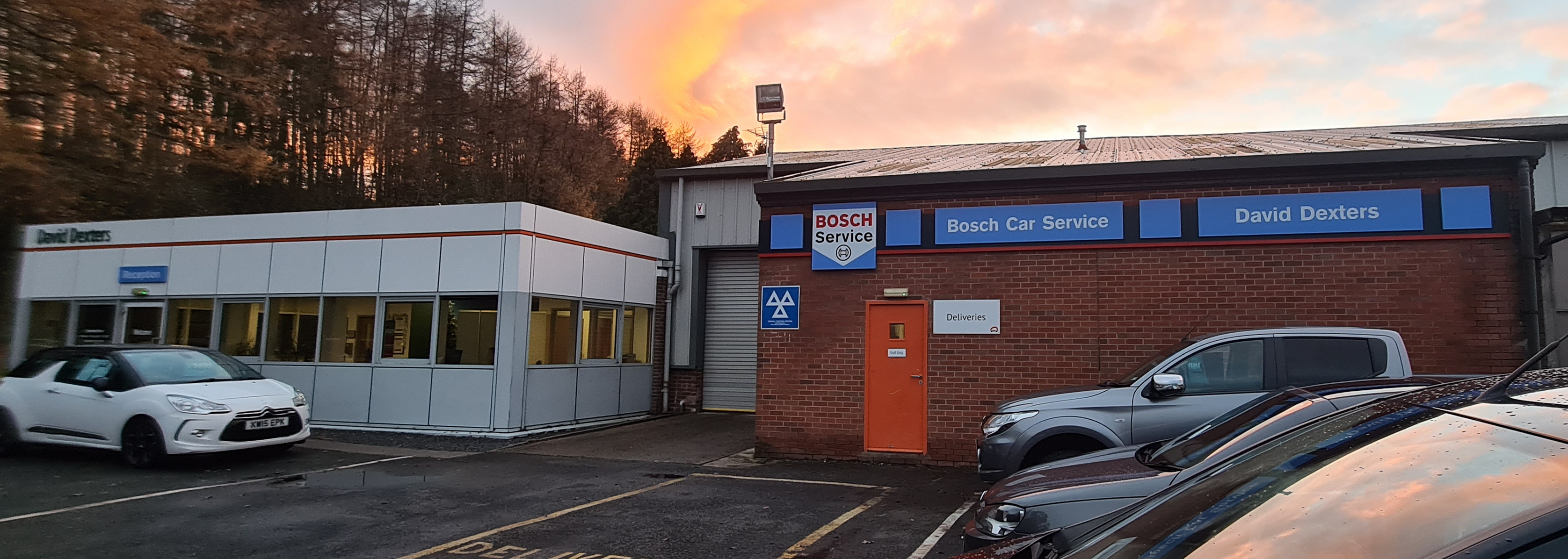 A shot of our reception and garage front, as well as a pretty sunset.